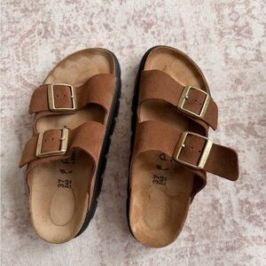 Birkenstock Brown Double-Buckle Suede Slide Sandals